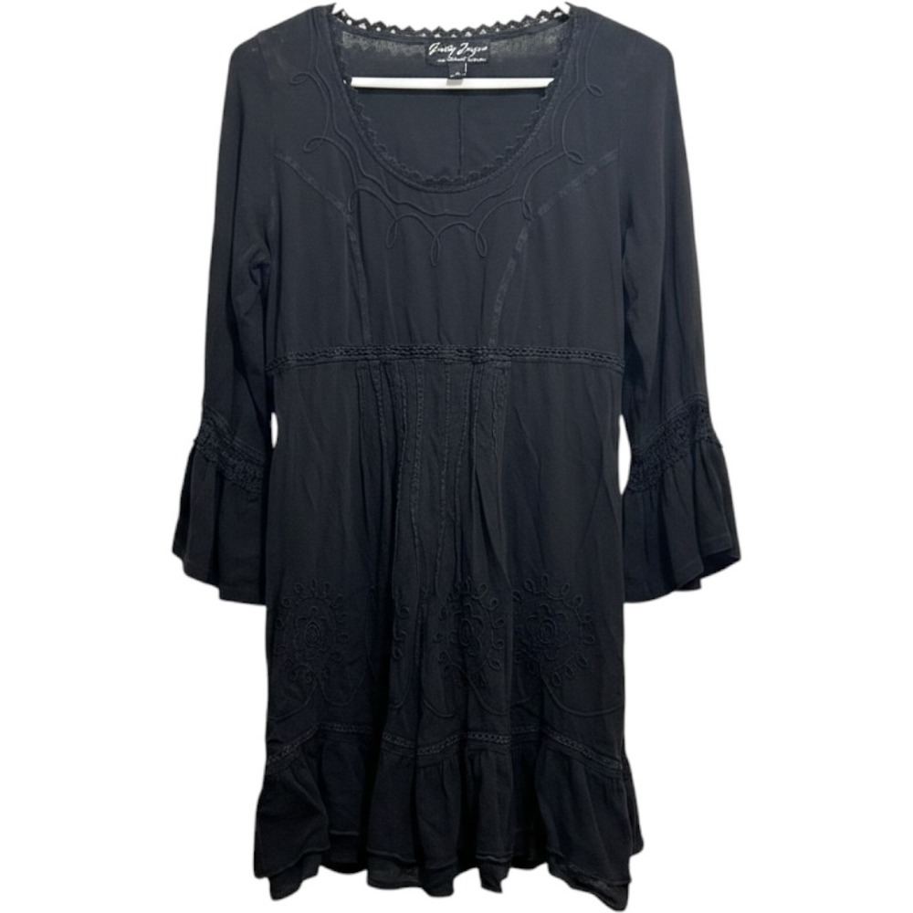 Gretty Zueger Cotton Mini Dress Womens Large Black Boho Whimsygoth Bell Sleeve